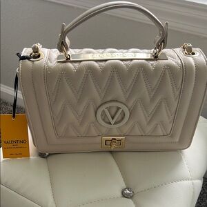Valentino Cream Quilted Satchel with Gold Hardware